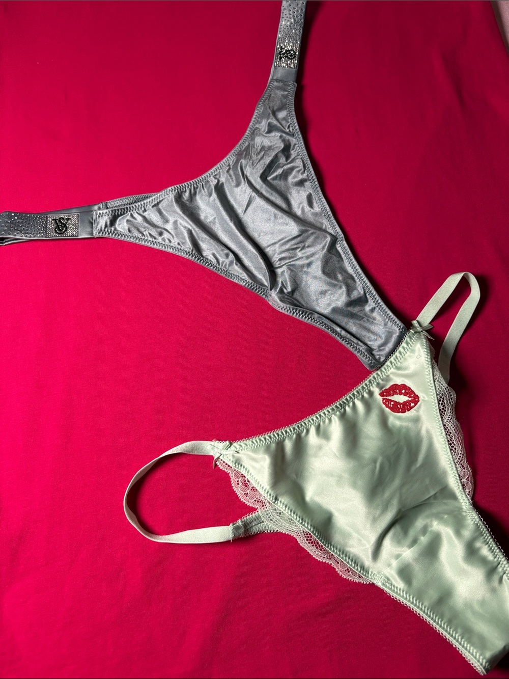 Victoria's Secret Satin Thong Set in Silver & Pale Green with Red Lip Accent